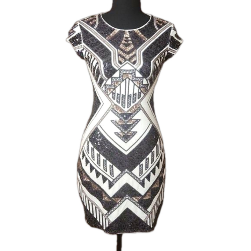 Express sequin art deco print dress, XS